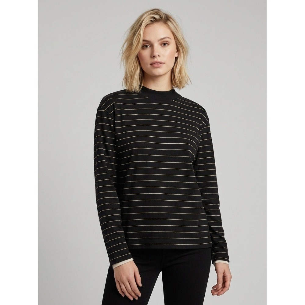 Vince Womens Mock Neck Striped Long Sleeve Cotton Top Black White M V766783784